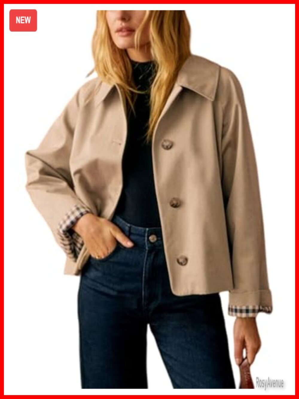 Oversize Trench Coat Plaid Lining Lapel Button Down Casual Crop Jacket